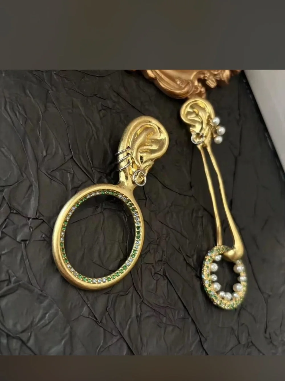 Gold Hoop Drop Earrings with Green Crystals and Pearl Accents